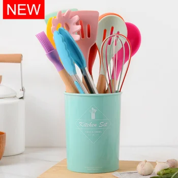 

Colorful Silicone Kitchenware Set Non-Stick Pan Cooking Spatula Spoon Wooden Handle Box High Temperature Resistance Kitchen Tool