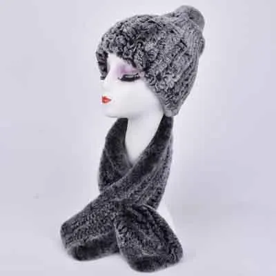 Black Frost Вязаная Шапка-бини из меха кролика Рекс, шапка-шарф, Женская Осенняя зимняя утолщенная теплая Модная эластичная мягкая шапка Skullies, женская шапка с помпоном - Цвет: Black Frost