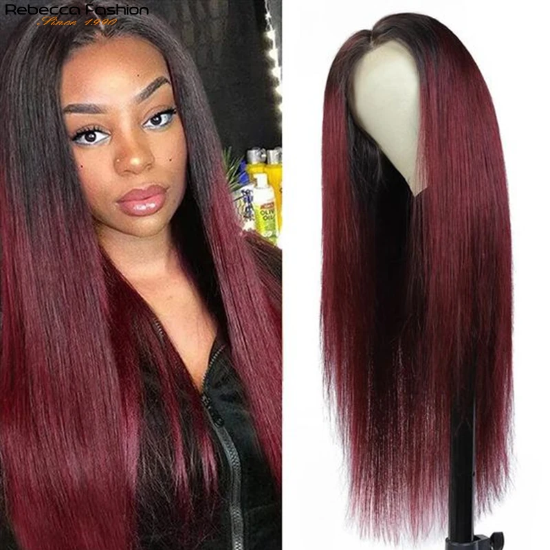 Rebecca Straight Hair 13X1 Lace Front Wig Human Wigs Ombre 99J Red Burgundy Pre-Plucked 180% Remy Deep Part | Шиньоны и парики