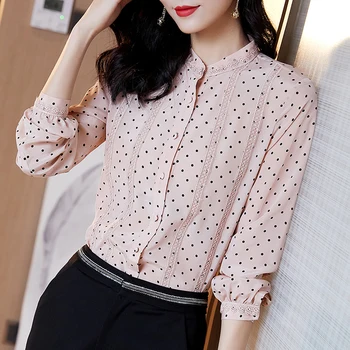

Elegant Fashion 100% Natural Silk Women Tops Blouses Stand Collar Long Sleeve Lace Pathwork Office Lady Real Silk Shirt Blouse