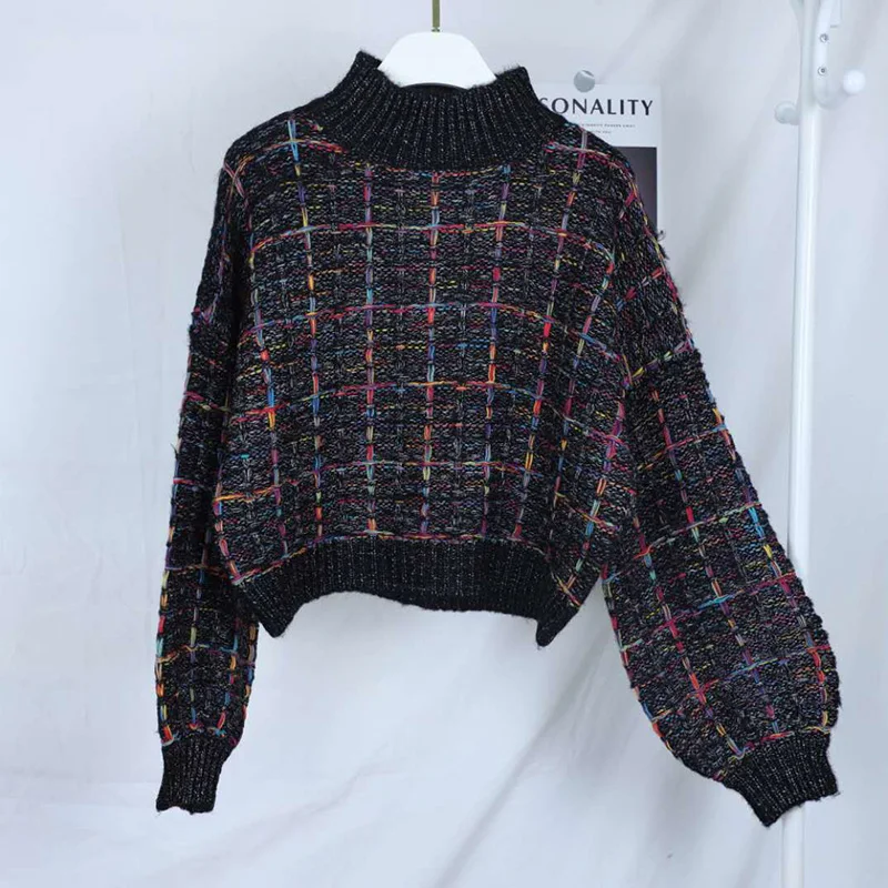 Осень зима клетчатый свитер женский корейский ленивый ветер короткий Свободный Повседневный клетчатый свитер Пуловеры с рукавами в форме фонаря для девушек