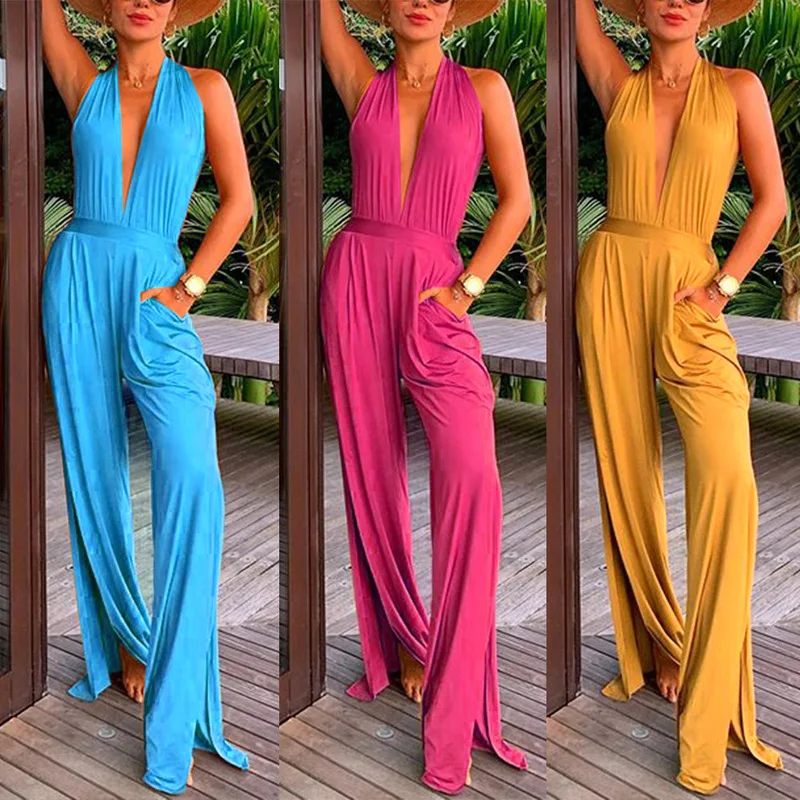 

Plus Size Beach Cover Up One-Piece Dress Bathing Suit Swimwear Pareo 2019 Summer Pure Color Neck Jumpsuits Legged Pants Zl Solid