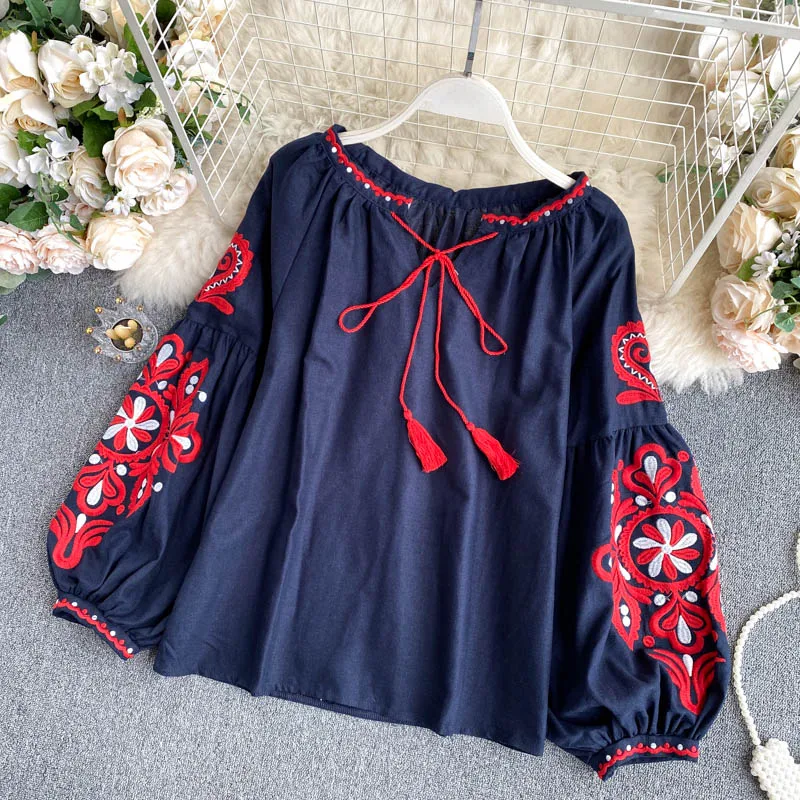 Retro Embroidered Lace-Up Tassel V-Neck Lantern Sleeve Loose Blouse Shirt in Blouses & Shirts