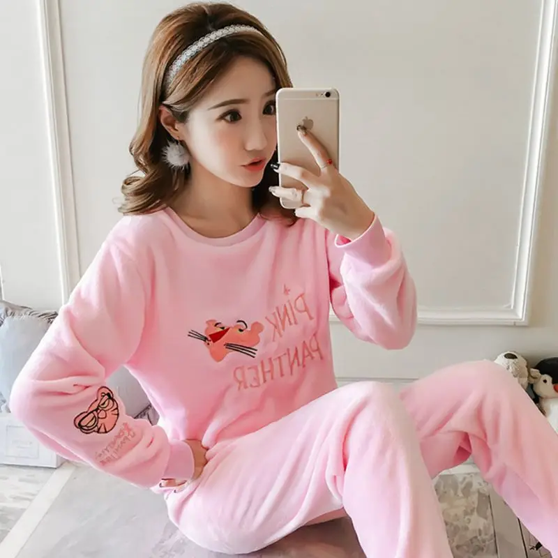 

New Style Flannel Pajamas Single Women's (Embroidered Mouth Leopard) Pink Gray Set