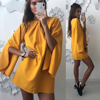 Yellow Элегантные мини-платья Женские однотонные свободные манжеты летнее платье с разрезом от бедра дамское вечернее платье Винтаж o-образным вырезом Повседневное платье пляжные платья Новинка - Цвет: Yellow