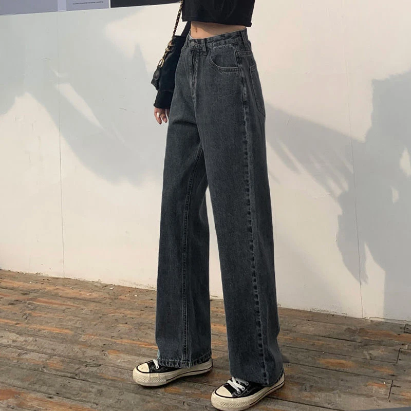Women Jeans Solid Black Retro Vintage Zipper Spring Straight Trousers All-match Students Baggy Fashion High Waist Causal cargo jeans