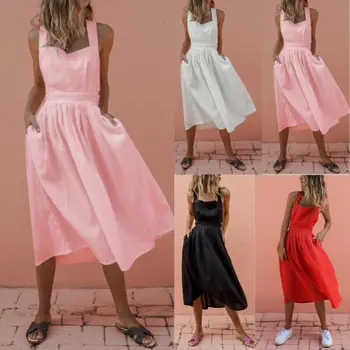 

Hot Sell Women's Summer Dress Lady Boho Style Casual Sleeveless Square Collar Backless Maxi Dress Plus Size