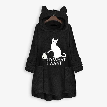 

Plus Size Fleece Hooded Coat Women Winter Double-sided Plush Hoodies Sweatshirt Cut Cat Letter Print Mid Long Pullover Hoodies