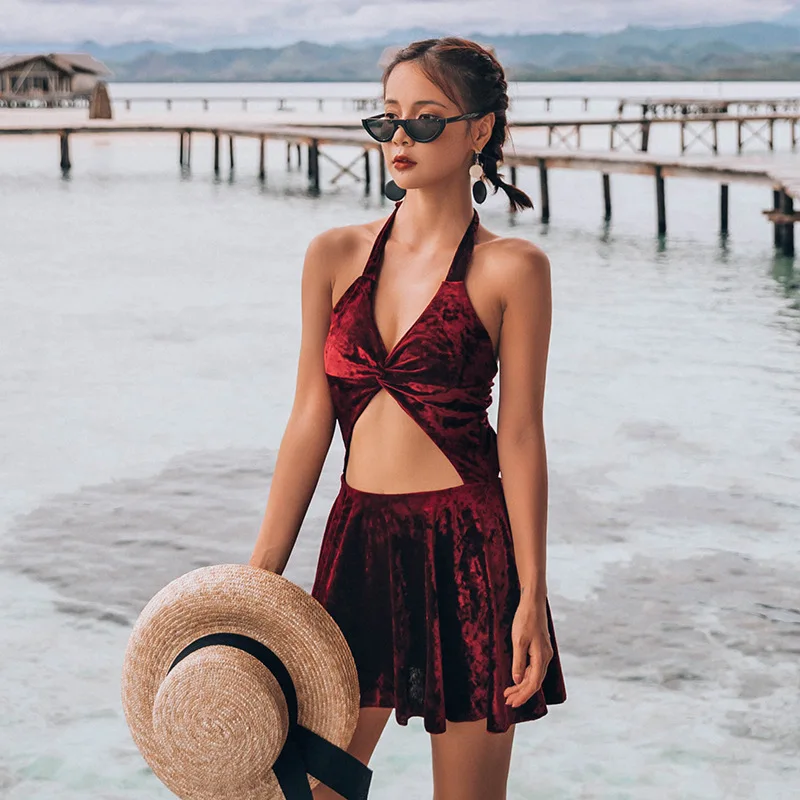 

1 Piece Swimsuit Women Print Bathing Panties For Swimwear 2019 One With Push Up Wine Red Velvet Skirt Female Neck Hung Backless