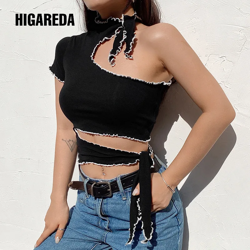 

HIGAREDA One Shoulder Halter Crop Top T Shirt Women Frill Cut Out Sexy T-shirt Ladies Tie Up Black Skinny Tee Shirt Summer