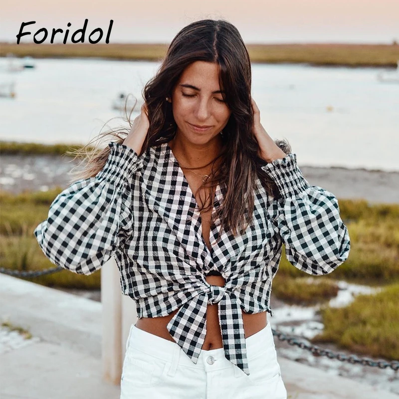 

Foridol Bowknot Plaid Vintage Crop Tops Women Spring Summer V Neck Checkered Retro Laides Blouse Tops Shirts Long Sleeve Cotton