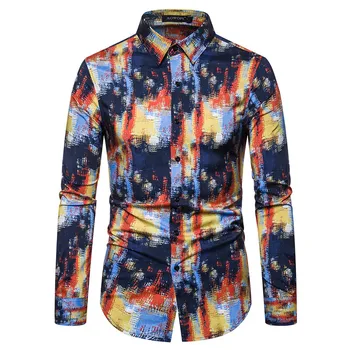 

Vintage Splash Ink Print Dress Shirt Men 2019 Autumn New Slim Fit Long Sleeve Camisa Masculina Streetwear Casual Mens Shirts XXL