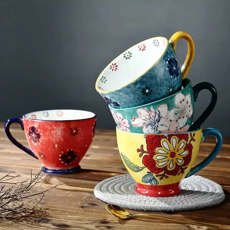 

Ceramic Big Cup Mug Coffee Milk Tea Cup Breakfast Coffee Mug Hand Painted Fashion Flower Cups Dropshipping Wholesale