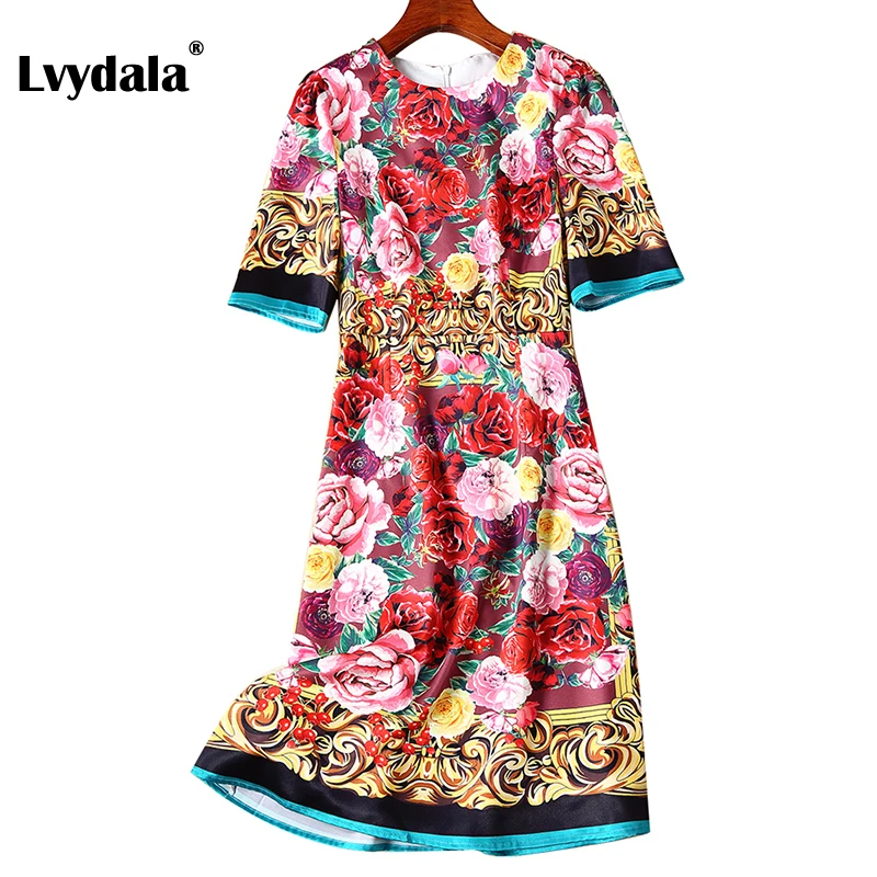 Lvydala винтажное платье с принтом, круглый вырез, короткий рукав, платье с цветочным принтом, весна и лето, новинка, женские платья