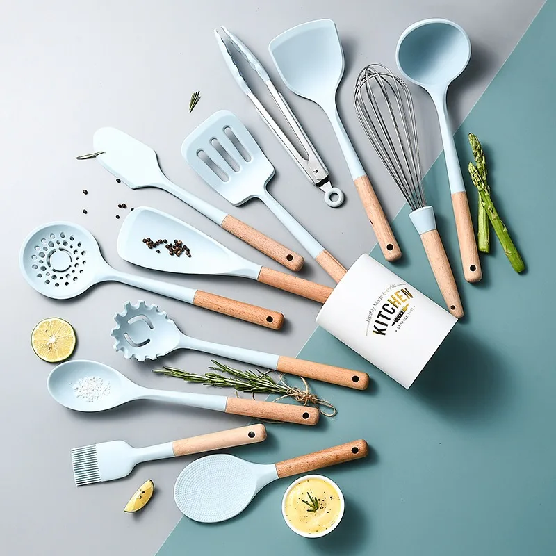 Blue Good Quality Silicone Utensils Kitchenware Non-Stick Cooking Kitchen Cookware Spatula Ladle Egg Beaters Shovel Soup Spoon