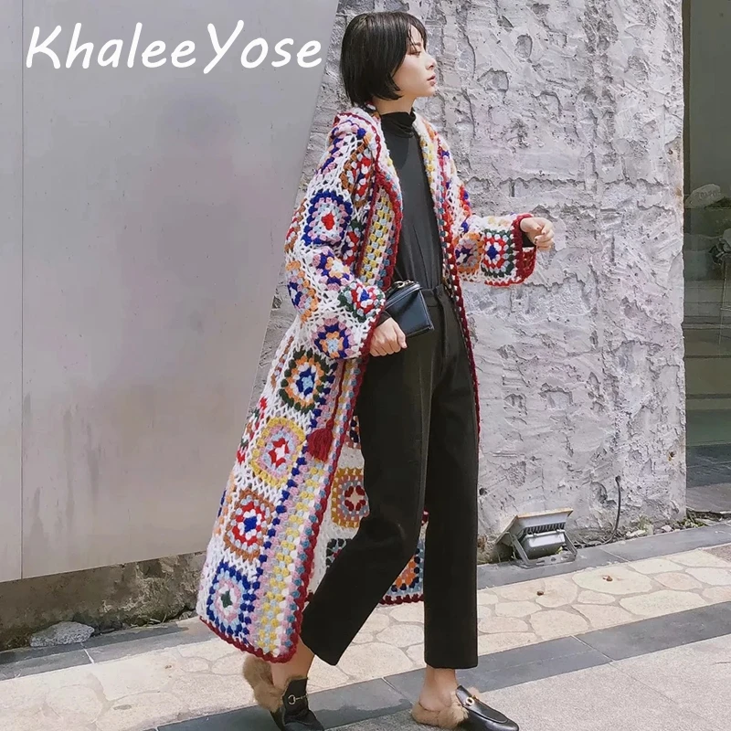 KHALEE YOSE/длинные вязанные свитера ручной работы Кардиган хиппи бохо шикарное пальто с длинными рукавами осеннее пальто из мохера в этническом стиле