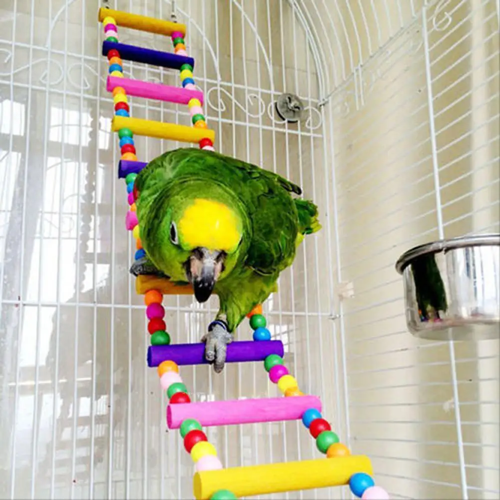 Barato Escalera de escalada para mascotas de colores, juguetes de ladrillo de madera mordedor con cuerda colgante para aves, loros, suministros zOK8R6B8L