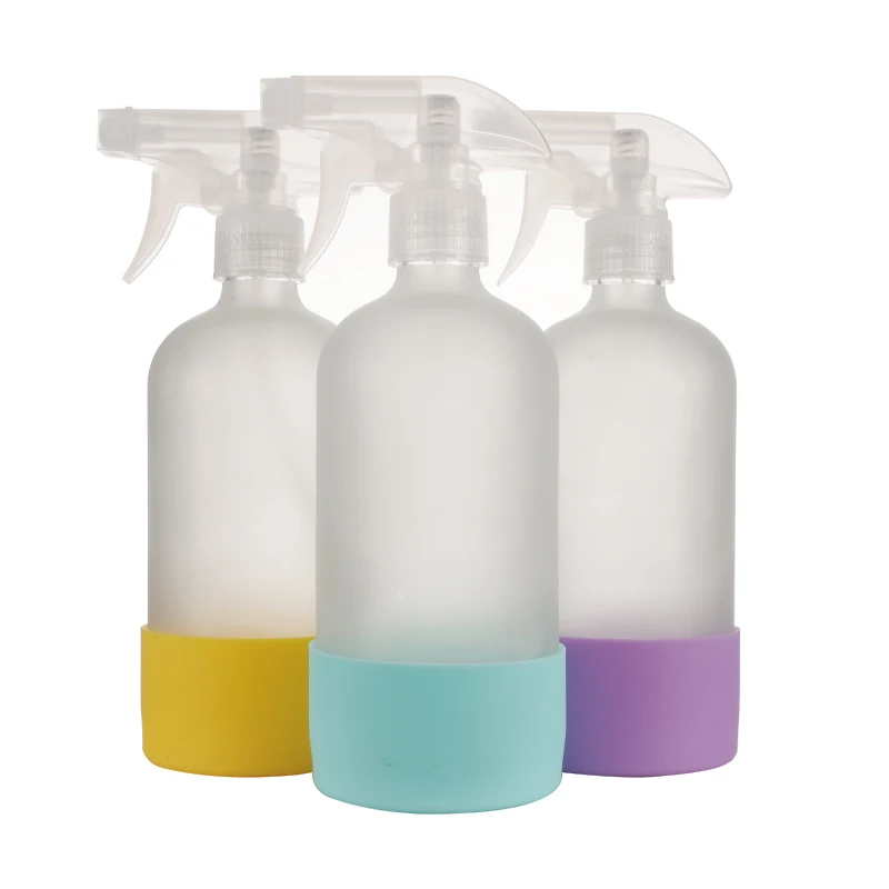 2 Pack Reusable Empty 500ml Amber Clear Glass Spray Bottle Silicone Sleeve 16 OZ Refillable Container With Black Trigger Sprayer-1
