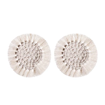 

Handmade Macrame Coasters - Round Drinks Cotton Boho Woven Coaster Set with Tassel. (Beige, Set of 2)