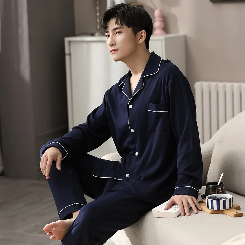 100% Cotton Winter Pajamas for Men Sleepwear White PJ Set Pyjama Homme Autumn Pijamas Hombre 2 Piece Pure Cotton Home Clothes