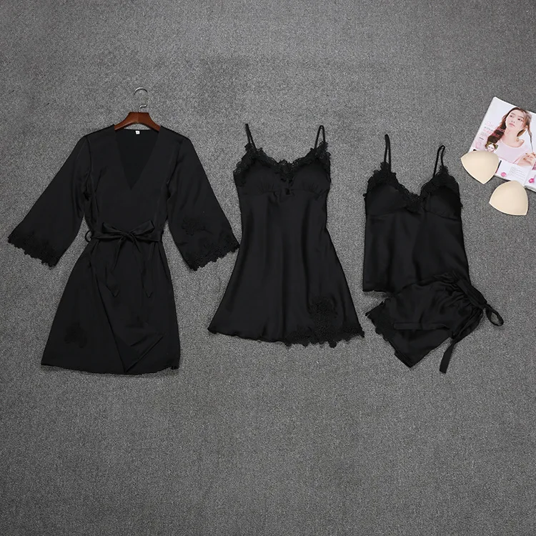 Женский сексуальный Шелковый Атласный халат комплект одежды для сна из 4