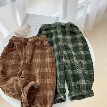

WLG Autumn boys girls corduroy pants kids green brown plaid casual all match trousers baby pant