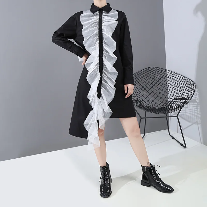 [EAM] женское черное Сетчатое асимметричное платье-рубашка с оборками, новинка, с отворотом, с длинным рукавом, свободный крой, модная одежда, весна-осень, 1N244