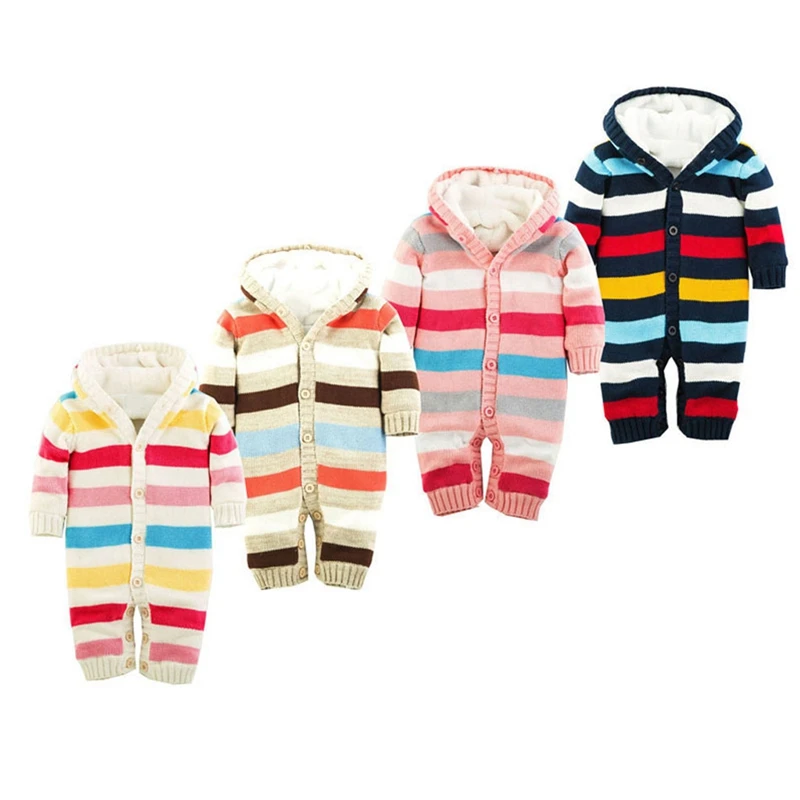 Kids Baby Boys Girls Sweater Jumpsuit Knit Crochet Hooded Coat Infant Children Winter Striped Brushed Thick Warm Outwear Clothes