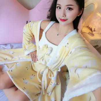

2PCS Coral Fleece Robe Kimono Gown Women Casual Thicken Nightgown Winter Sleepwear Sleep Set Flannel Warm Nightwear Negligee