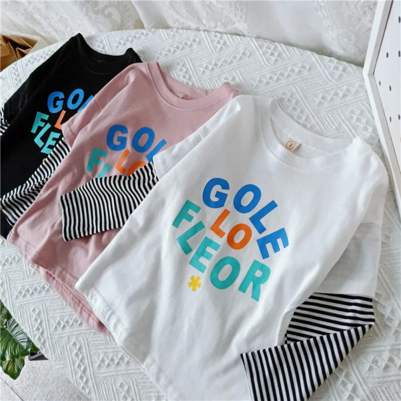 Children Tops 1-7T Spring Cute Stitching Stripes Print Wear Round Collar Long Sleeved Cotton Casual T-Shirt
