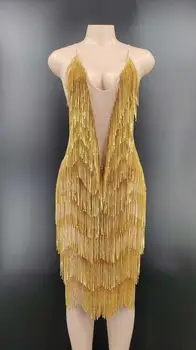 

High Quality Sparkly Gold Rhinestone Fringe Transparent Backless Short Dress Birthday Celebrate Outfit Women Dancer Show Dress