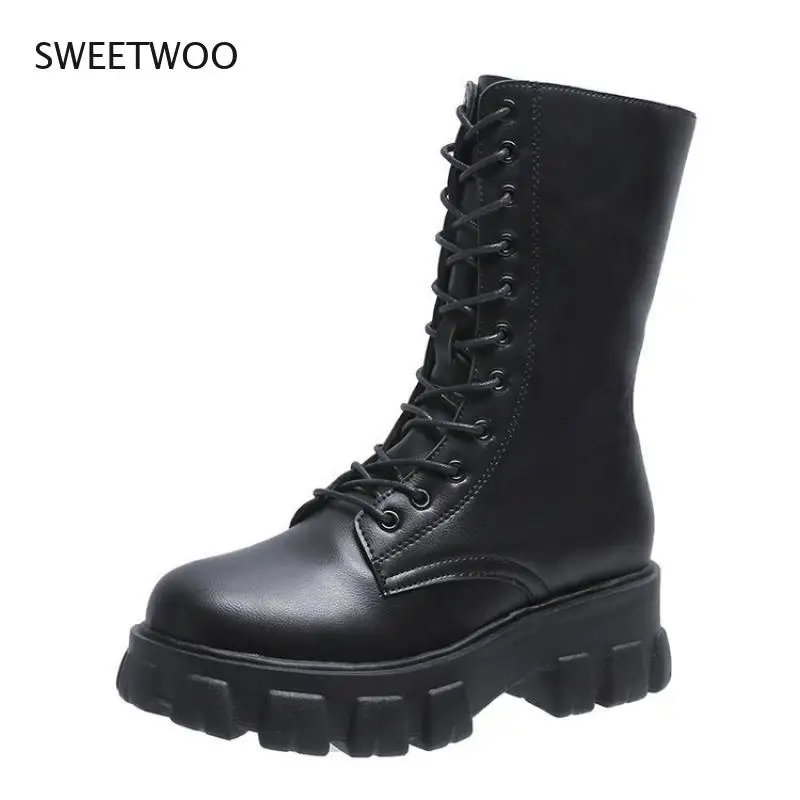 Women Long Boots Mid Calf Autumn Winter Shoes Platform Lace Up PU Woman Fashion  Footwear Female Comfort Botas