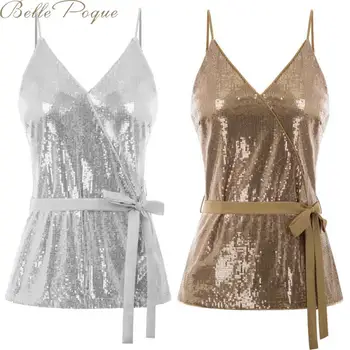 

Belle Poque Party sequined top + Pleated Skirt V Neck Sequin sexy Backless Glitter Strappy tops ladies Clubwear party tops