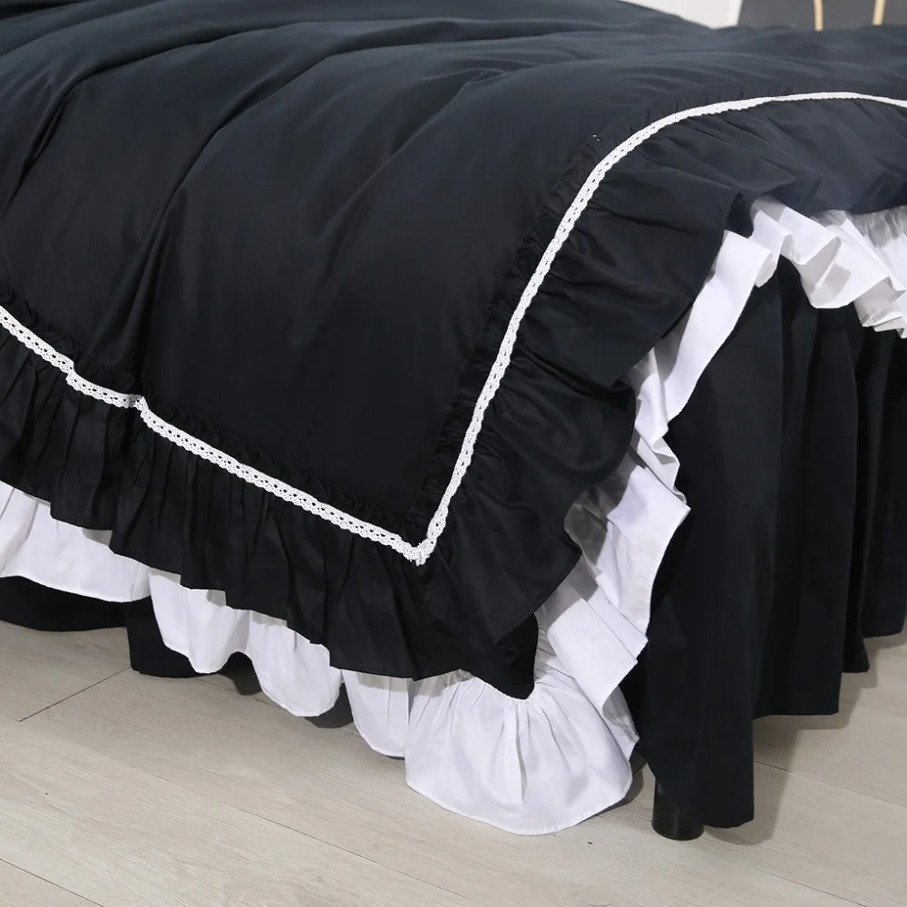 Free shipping 100%cotton Korean princess solid color black gray ruffles bed skirt kit bedding set twin full queen king size YYX