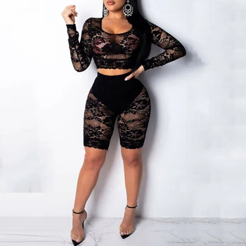 

2020 Summer Fashion Women Long Sleeve Crew Neck Crop Top Short Pants Ladies Casual Bodycon Evening Party 2 Piece Set