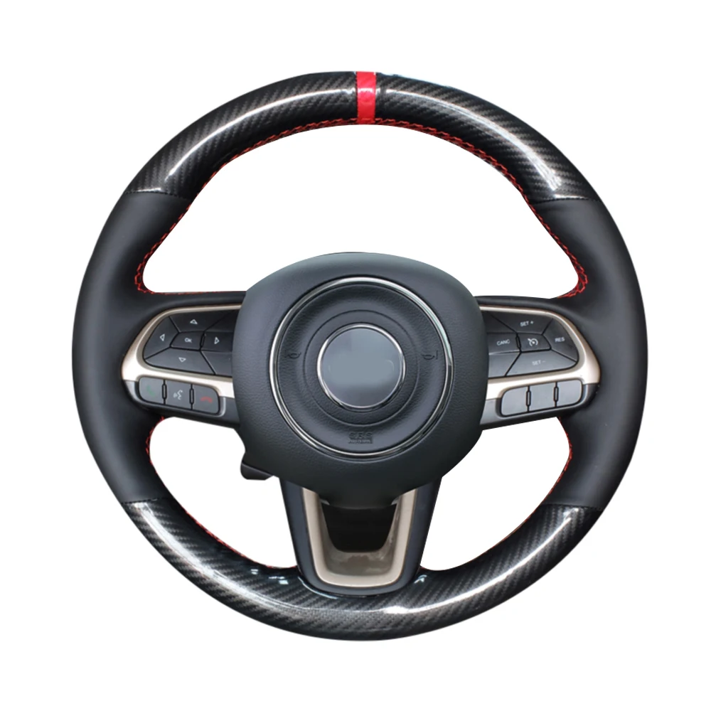 

5D Carbon Fiber&Black Leather Steering Wheel Hand Sewing Wrap Cover Fit For Jeep Compass 2017 Renegade 2016-2017