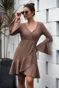 

Fashion Women's Ladies Stylish Solid Color Sexy V-Neck Ruffled Horn Sleeve Button Decor Knit A-line Ruffle Mini Dress Skirt Wear