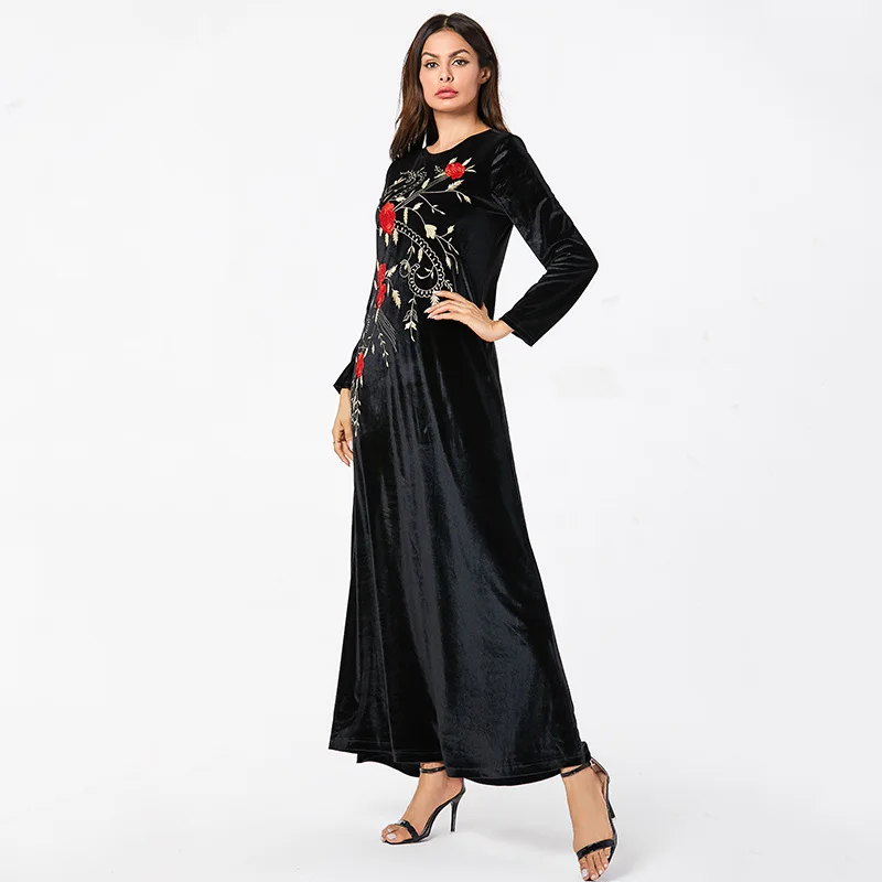 Мусульманское платье для женщин осень зима бархат Цветочная вышивка ...