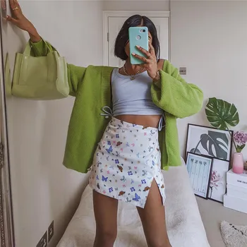 

Butterfly Print White Skirts Womens Split High Waist Shorts Mini Skirts Summer New Elegant Ladies Hip Straight Skirts