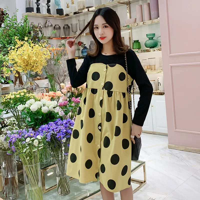 

2019 New Style Fashion Mom Korean-style Polka Dot Splicing Dress Large Size Maternity Clothes Dress