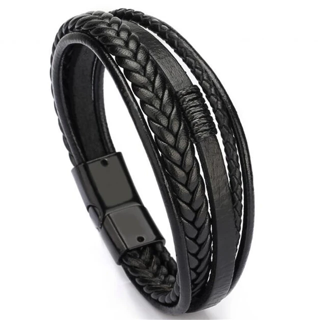 Trendy Genuine Leather Bracelets Men Stainless Steel Multilayer Braided Rope Bracelets for Male Female Bracelets Jewelry H22228 Black