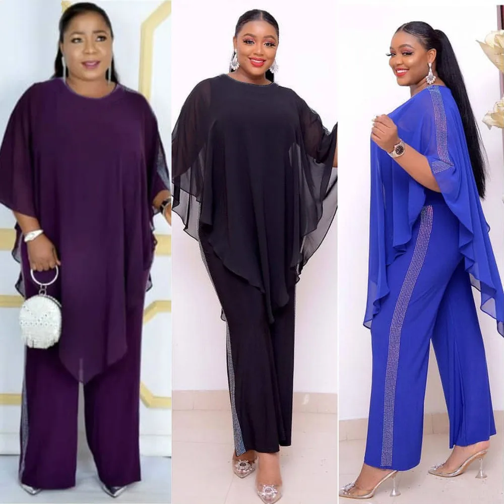 African Jumpsuit Set Dresses For Women Sequined African Clothes New Dashiki Elastic Bazin Baggy Pants Cloak Famous Suit For Lady 03