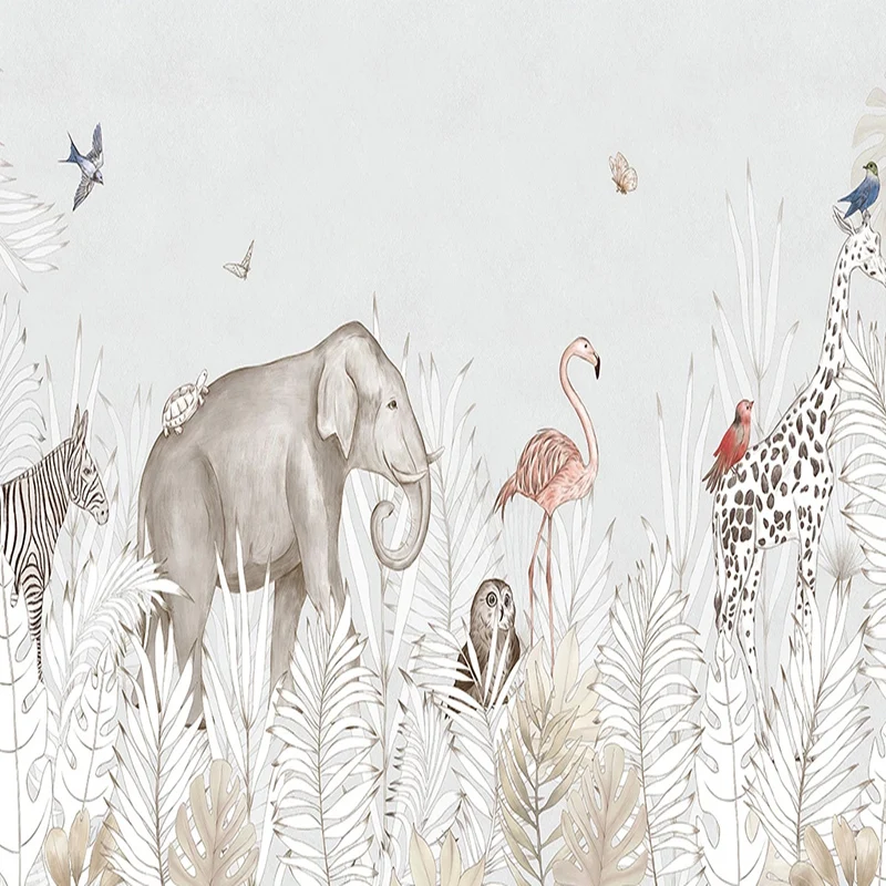Custom Self-Adhesive Mural Wallpaper Modern Ins Plant Elephant Deer 3D Cartoon Children's Bedroom Background Wall Sticker Decor