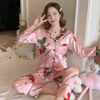 

Spring Autumn Silk Pajama SEts For Women Good Quality Long Sleeve 2 Pcs Pyjamas Cardigan Lapel Pijama Casual Comfort Sleepwear