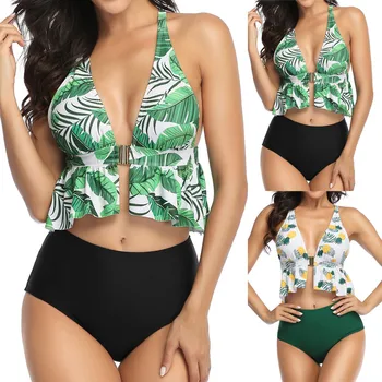 

#Z15 2020 Sexy High Waist Bikini Swimwear Women Ruffle Swimsuit Retro Bikini Set Plus Size Bathing Suits Summer Beachwear
