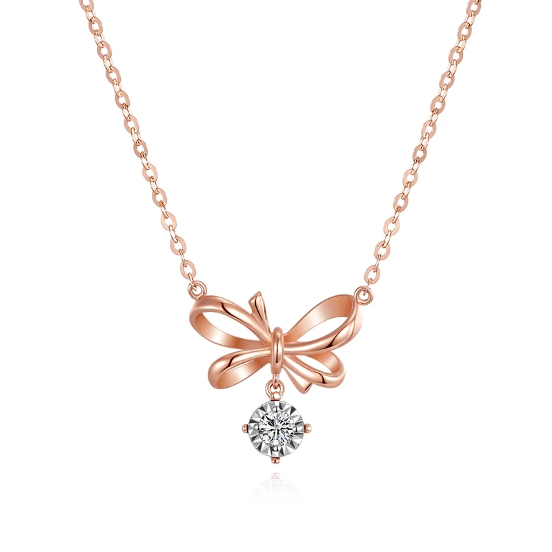

Sweet 0.1ct Diamond 18K Genuine Pure Solid Rose Gold AU750 Bowknot Pendant Charm Necklace for Women Female Fancy Wedding Jewelry
