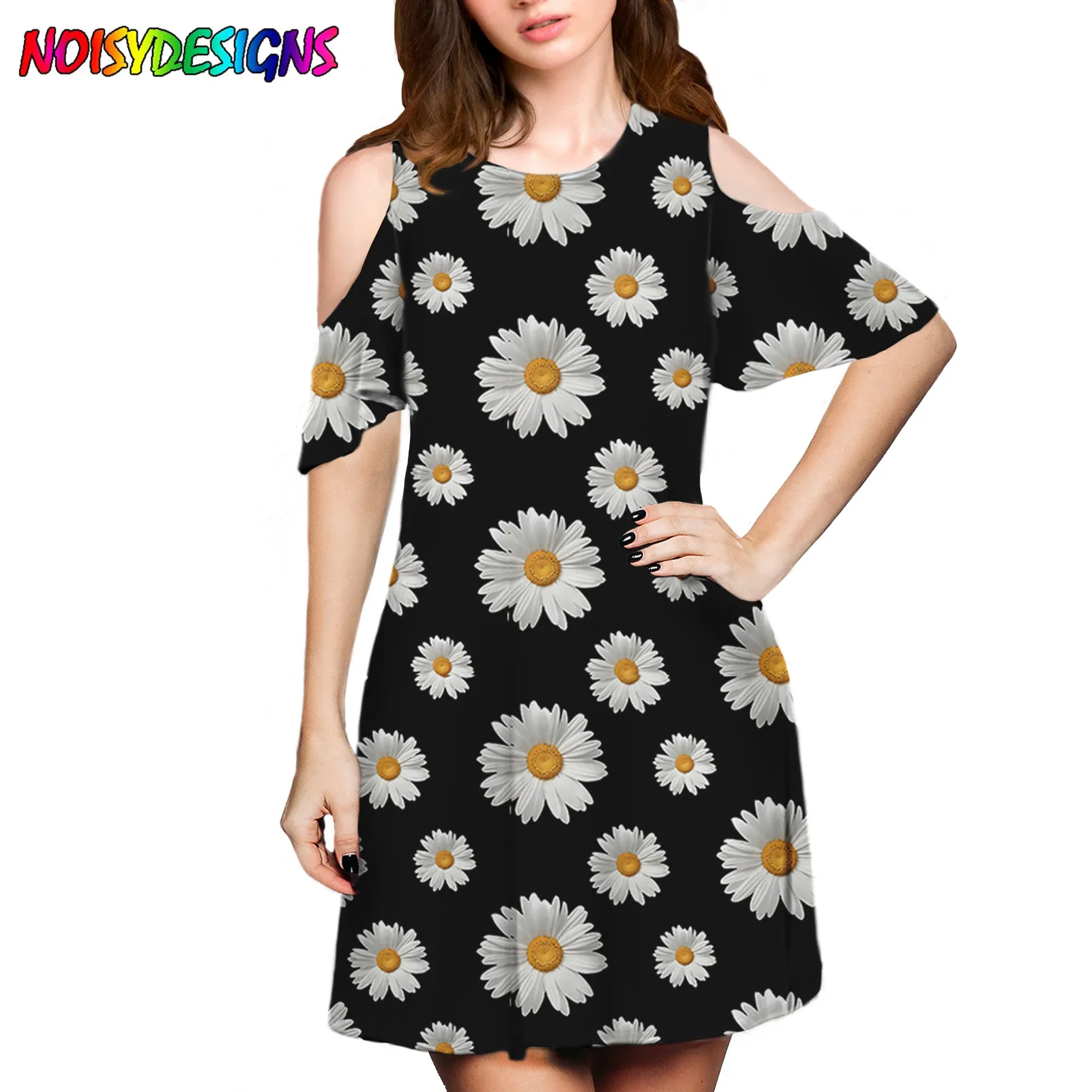 

NOISYDESIGNS Dresses Women Black Dress Little Daisy Printed Dress for Woman Streetwear Lady Sunflower Pattern Short Dresses 2021