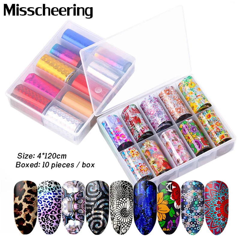 

10Pcs/Box Holographic Nail Foil Set 4*120cm Mix Designs Transfer Sticker Laser Glitter Nail Decal Wraps Nail Art Decorations