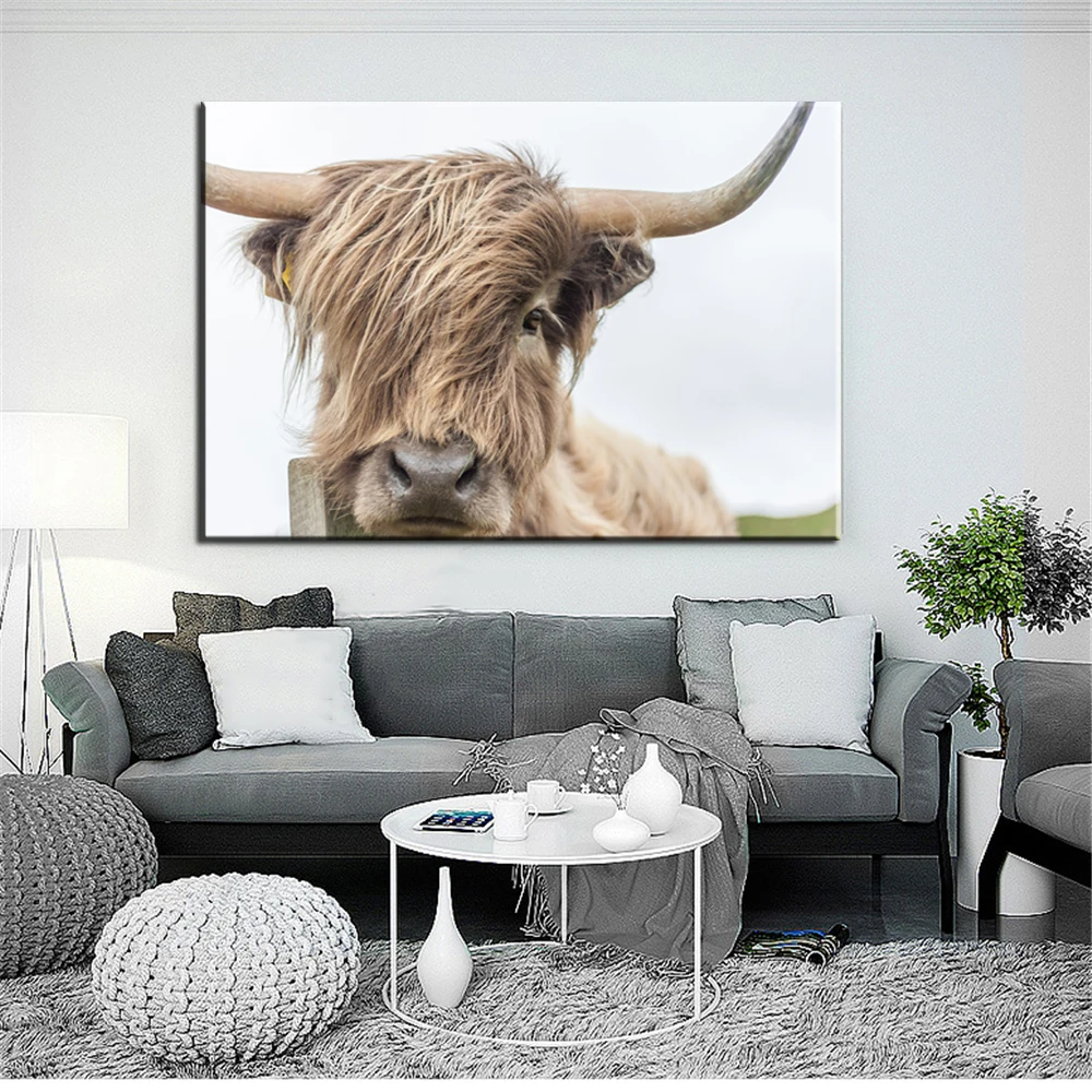 Современный домашний декор, картина с принтом Highland Cow, Картина на холсте, художественная работа для стен, гостиной, без рамы, принты
