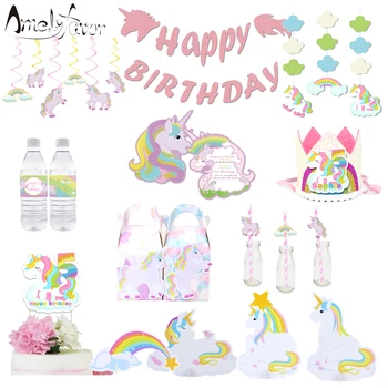 

Unicorn Party Supplies Gift Box Invitations Straw Gift Bag Cake Topper Labels Balloons Unicorn Birthday Party Decorations Kids